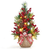Garvee 24 Inch Mini Christmas Tree with Lights, Pre-Lit Artificial Table Tree with Bow & Balls, Red Berries & Pine Cones, DIY Table Top Decoration for Indoor Home, Red & Green