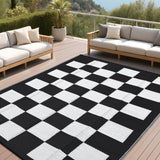 Garvee Outdoor Patio Rug 8x10 Reversible Waterproof Plastic Straw Rug with UV Protection, Portable Carry Bag, Securing Stakes, Modern Checkered Print for Camping and Deck - Black & White