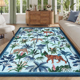 Garvee Blue Tiger 10x13 Large Area Rug Tropical Jungle Design, Washable, Non-Slip Rubber Backing, Low Pile, Stain Resistant, Blue, Indoor Living Room Bedroom - Blue