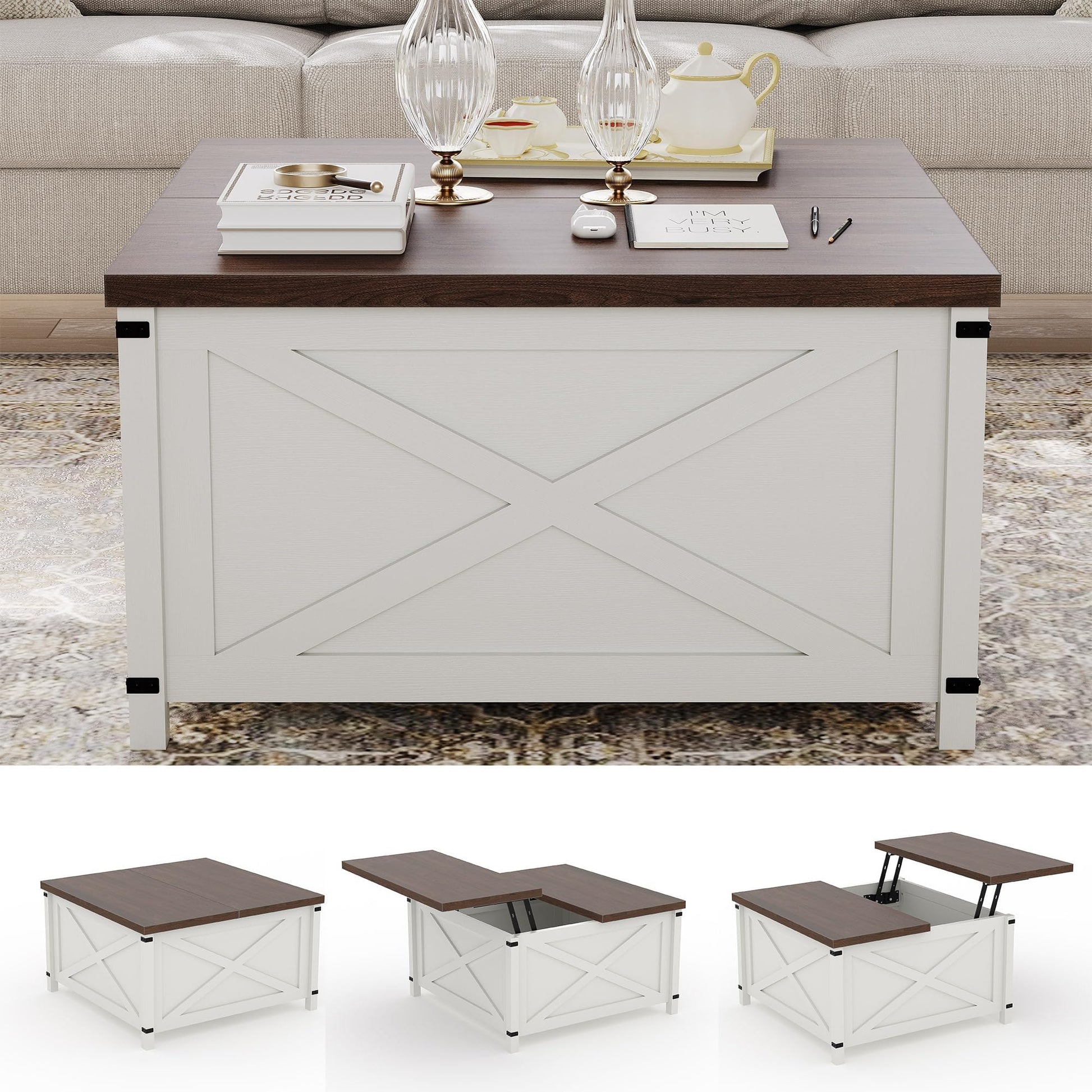 Garvee Farmhouse Coffee Table with Lift Top, 31.5 Inch Square Rustic Cocktail Table with Storage, x-Shaped Design & Industrial Metal Accents, Sturdy Wood Center Table for Living Room