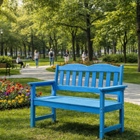 Garvee 2-Person Poly Lumber Outdoor Patio Bench, Weather-Resistant Garden Bench with Curved Backrest, Slatted Seat & Wide Armrests, Blue
