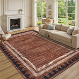 Garvee Washable Area Rug 9x12 Brown Rugs Unique Bordered Neutral Living Room Rug,Modern Geometric Rug for Farmhouse Non Slip Soft Non Shedding Low Pile Neutral Carpet for Open Spaces Office - Brick Red
