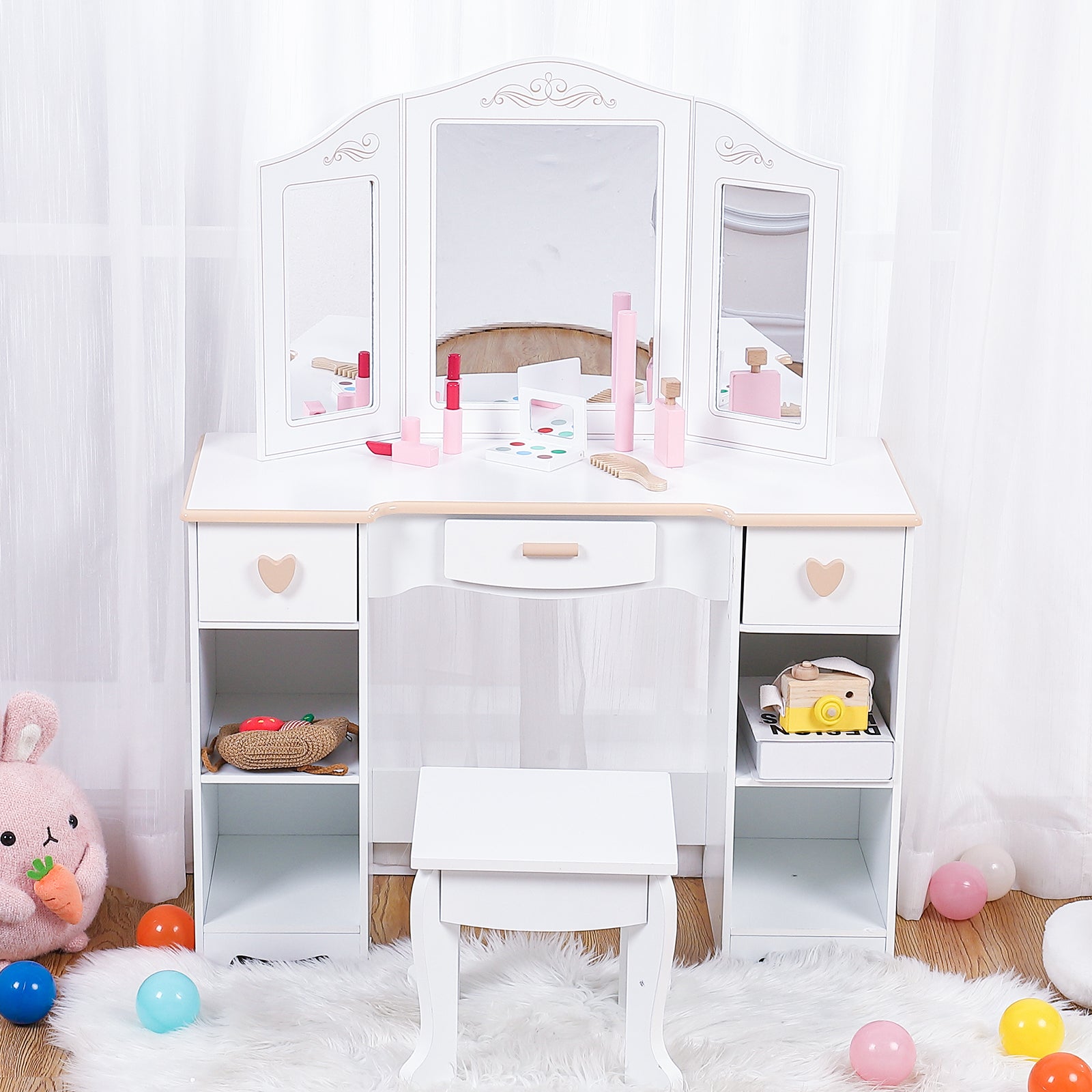 Garvee Girls' Vanity Table and Stool Set with Mirror, Drawer and Wood Makeup Playset Toy for Age 3-10, White