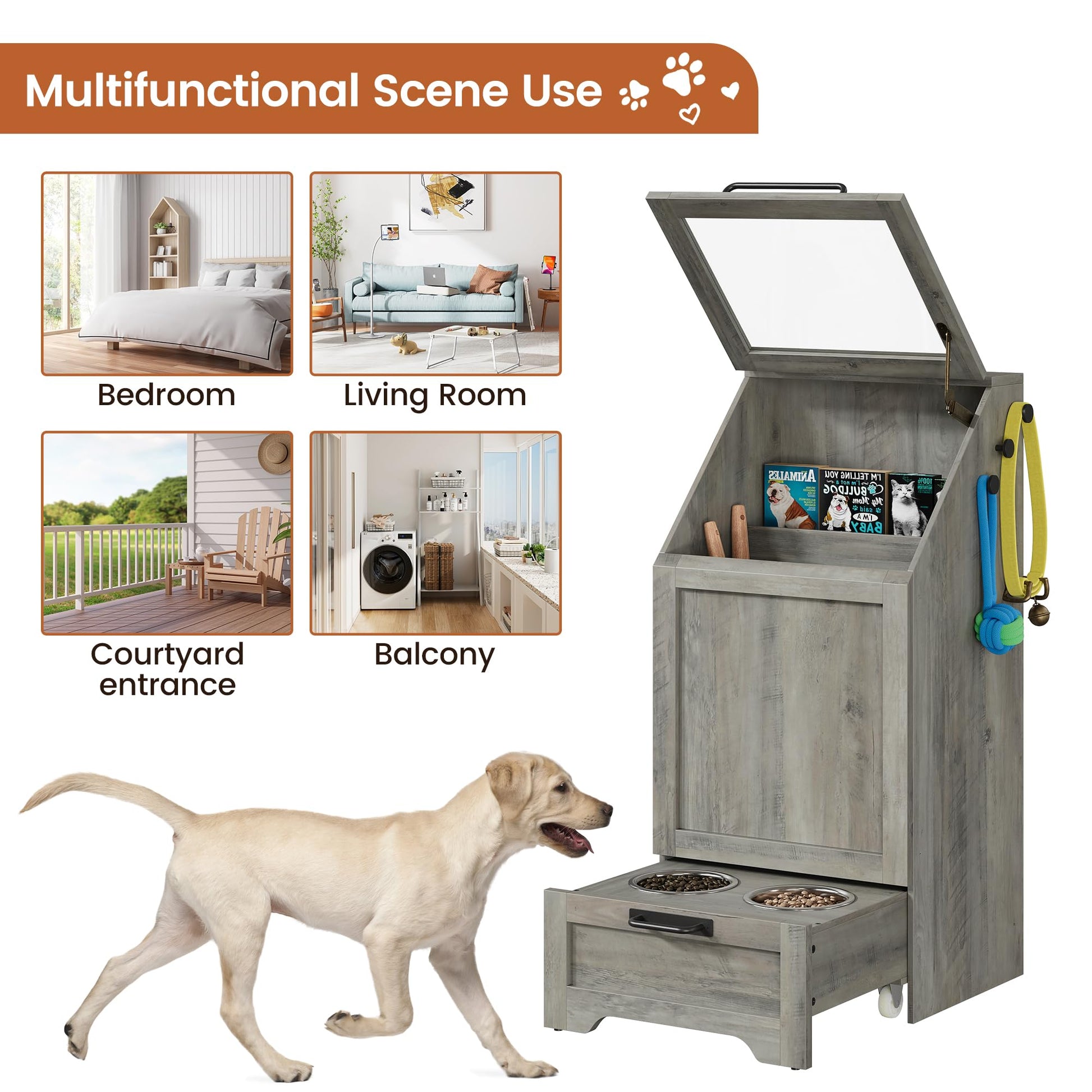 Garvee Pet Food Cabinet,Dog Feeding Station with 2 Elevated Dog Bowls, Dog Food Storage Cabinet,Dog Food Storage Container,Pet Toy Storage Organizer,Modern Dog Storage Cabinet,Grey