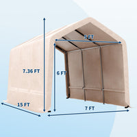 Garvee 7x15FT Khaki Outdoor Portable Storage Shed with Roll-Up Door & Vent, 240G Heavy-Duty Shelter Waterproof PE Tarp, UV-Resistant Storage Sheds for Motorcycle, Firewood, Garden and Tools