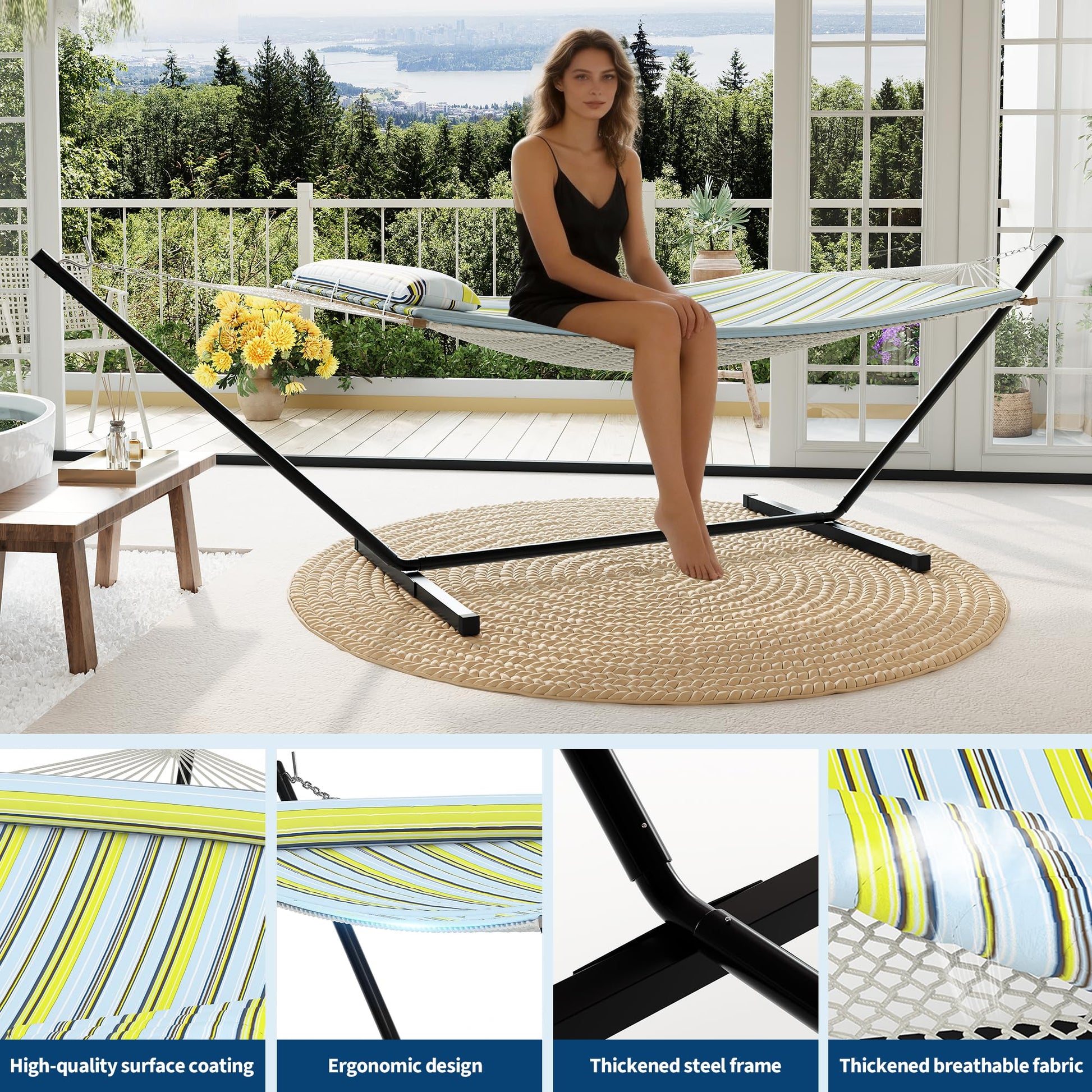 Garvee 2-Person Double Hammock with Stand, 450 LBS Capacity, Portable Steel Frame, Quilted Pad, Pillow & Carry Bag for Patio, Backyard, Camping & Beach