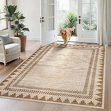 Garvee Washable Rugs 5x7 Unique Bordered Geometric Rug for Living Room, Modern Neutral Carpet with Non Slip TPR Backing,Stain-Resistant Non Shedding Floor Covering, Low Pile Foldable Mat for Nursery,Tan - Tan