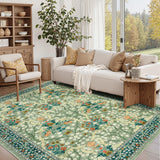 Garvee Vintage Floral Living Room Rug 8x10 Stain Resistant Machine Washable Soft Touch Low Pile Non-Slip Backing Indoor Bedroom Playroom Carpet - Green