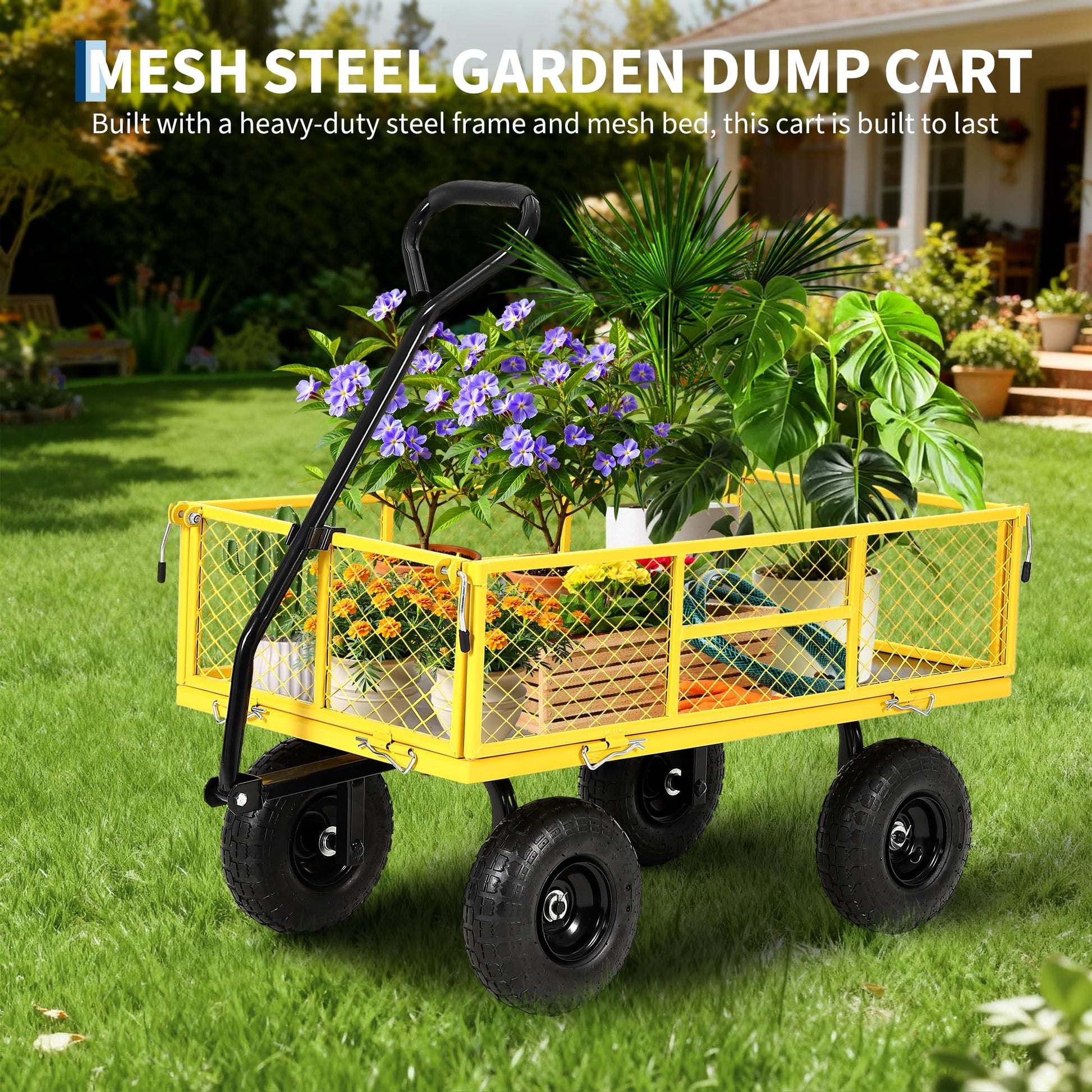 Garvee 900 lbs Heavy Duty Steel Garden Wagon Cart – 2-in-1 Utility Yard Cart, Removable Mesh Sides, 10" All-Terrain Tires, 180° Rotating Handle – Ideal for Lawn and Gardening Tasks – Black Wheels, Yellow Frame, Black Handle