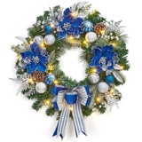 Garvee Christmas Wreath with Lights, 24 in Outdoor Christmas Wreaths for Front Door, Battery Operated Xmas Wreath with Silver Blue Ball Ornaments Bow & 20 LED Lights for Home Holiday Decor
