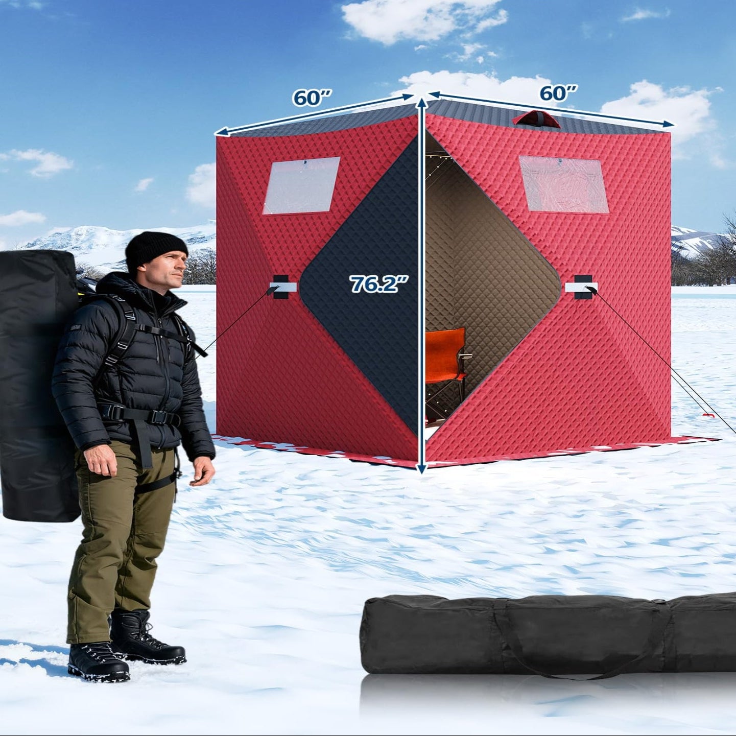 Garvee Pop-up Ice Fishing Tent for 2-3 Person, Insulated & Waterproof, Sturdy Frame & Quick Setup, 210D Oxford Fabric, Windproof & Snowproof, Includes Carry Bag & Anchors, Outdoor Ice Fishing