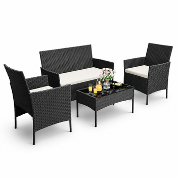 Garvee 4-Piece Rattan Patio Conversation Set, Black Wicker Outdoor Sofa Set with Cream Cushions & Glass Table