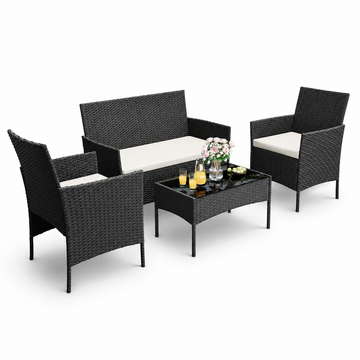 Garvee 4-Piece Rattan Patio Conversation Set, Black Wicker Outdoor Sofa Set with Cream Cushions & Glass Table
