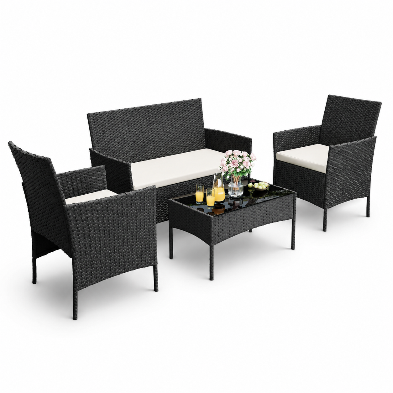Garvee 4-Piece Rattan Patio Conversation Set, Black Wicker Outdoor Sofa Set with Cream Cushions & Glass Table