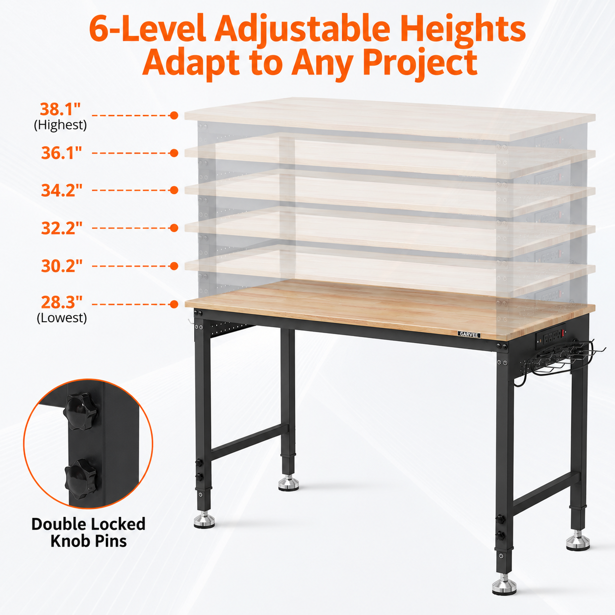 GARVEE Adjustable Workbench, 2000 lbs Load Capacity, 48 x 24 Inch Rubber Wood Top Work Bench with 4 Rolling Casters & Power Outlets, Heavy-Duty Work Table for Garage, Workshop, Office