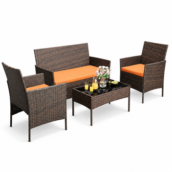 Garvee 4-Piece Rattan Patio Conversation Set, Brown Wicker Outdoor Sofa Set with Orange Cushions & Glass Table