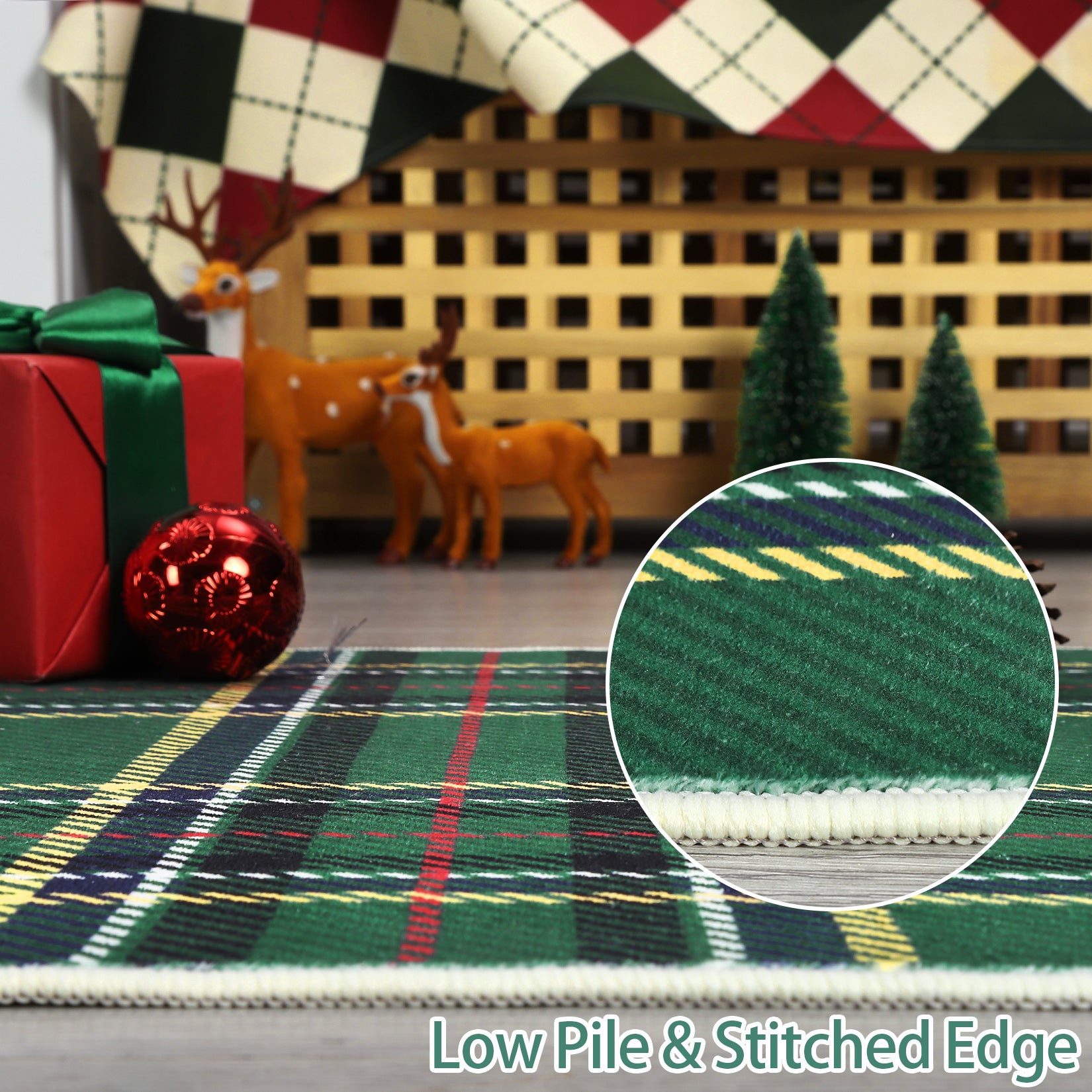 Garvee Christmas Runner Rug 2x8 Hallway Runners Washable Plaid Rug Xmas Decor Non Slip Kitchen Rugs Bath Mat Grid Low Pile Entryway Rug Stain Resistant Carpet for Laundry Entance Plaid|Green 2'x8'
