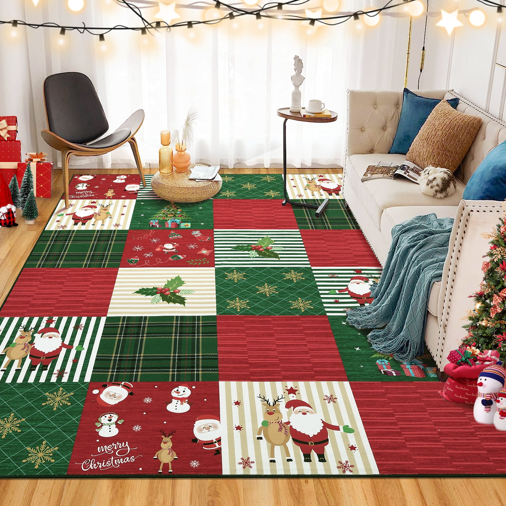 Garvee Christmas Area Rug 4x6 Rug Washable Rug Xmas Deer Santa Claus Holiday Decor Small Rug Entryway Rug Non Slip Carpet Soft Low Pile Accent Rugs for Nursery Living Room 4'x6' Plaid Patchwork