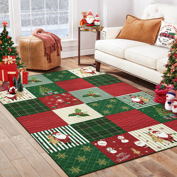 Garvee Washable Area Rug 6x9 Rug Christmas Living Room Rug Santa Claus Rug Xmas Decor Checkered Non Slip Soft Bedroom Rug Low Pile Stain Resistant Carpet for Nursery Office Plaid Patchwork 6'x9'