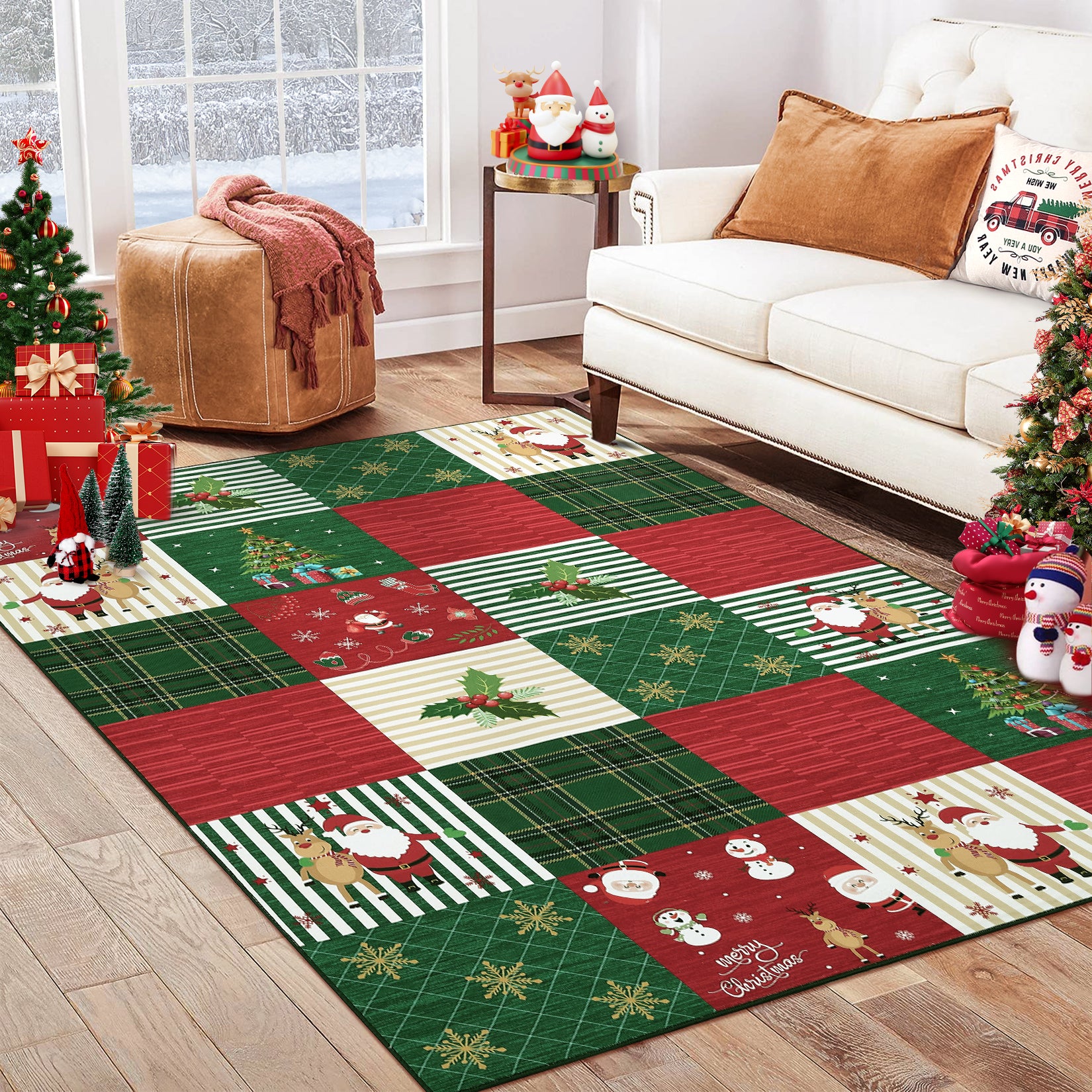 Garvee Washable Area Rug 6x9 Rug Christmas Living Room Rug Santa Claus Rug Xmas Decor Checkered Non Slip Soft Bedroom Rug Low Pile Stain Resistant Carpet for Nursery Office Plaid Patchwork 6'x9'