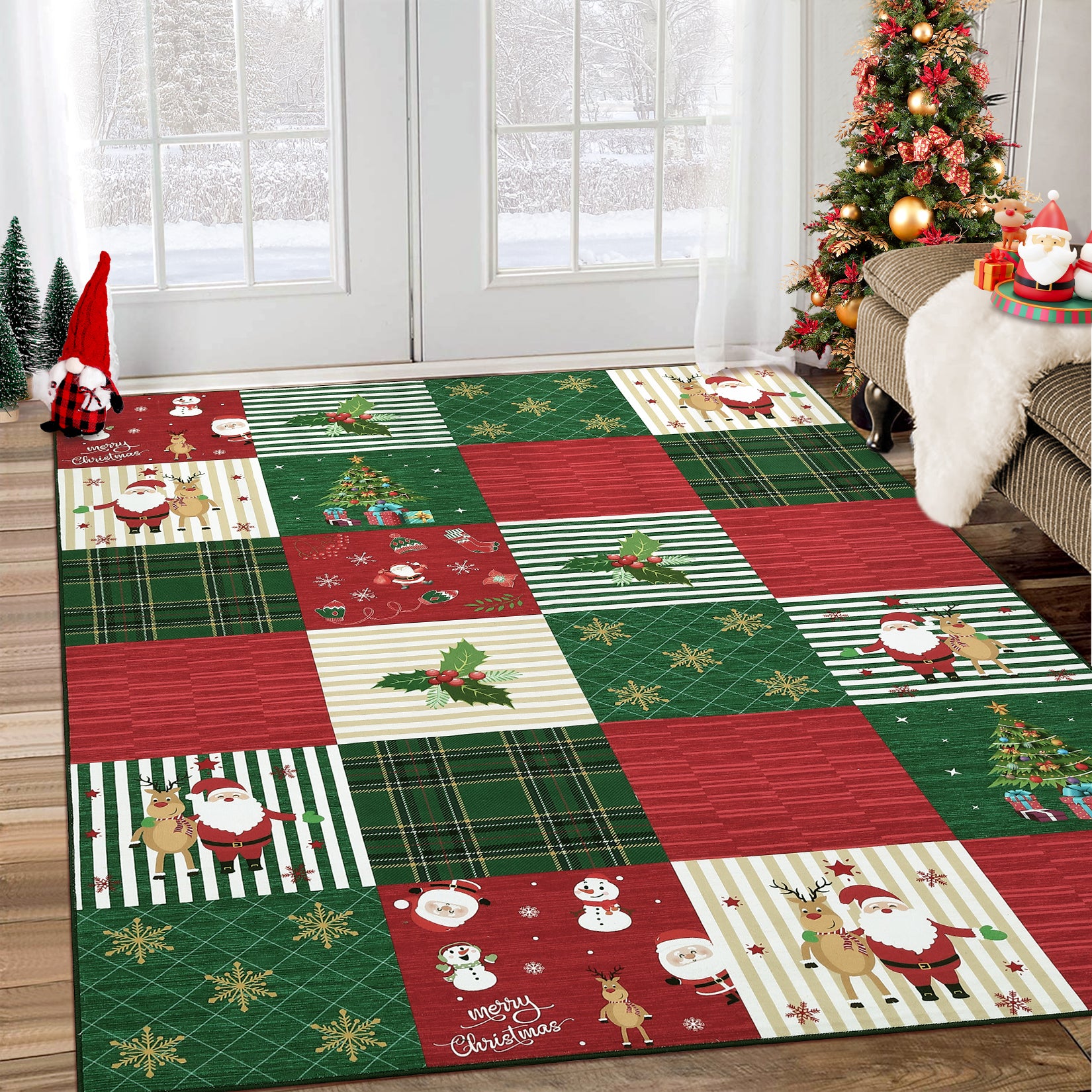 Garvee Christmas Area Rug 4x6 Rug Washable Rug Xmas Deer Santa Claus Holiday Decor Small Rug Entryway Rug Non Slip Carpet Soft Low Pile Accent Rugs for Nursery Living Room 4'x6' Plaid Patchwork