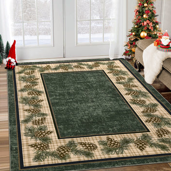 Garvee Living Room Rug Christmas Green 9x12 Area Rug Washbale Rug Plaid Rug with Pinecorn Xmas Decor Non Slip Soft Large Area Rug for Bedroom Stain Resistant Carpet for Nursery