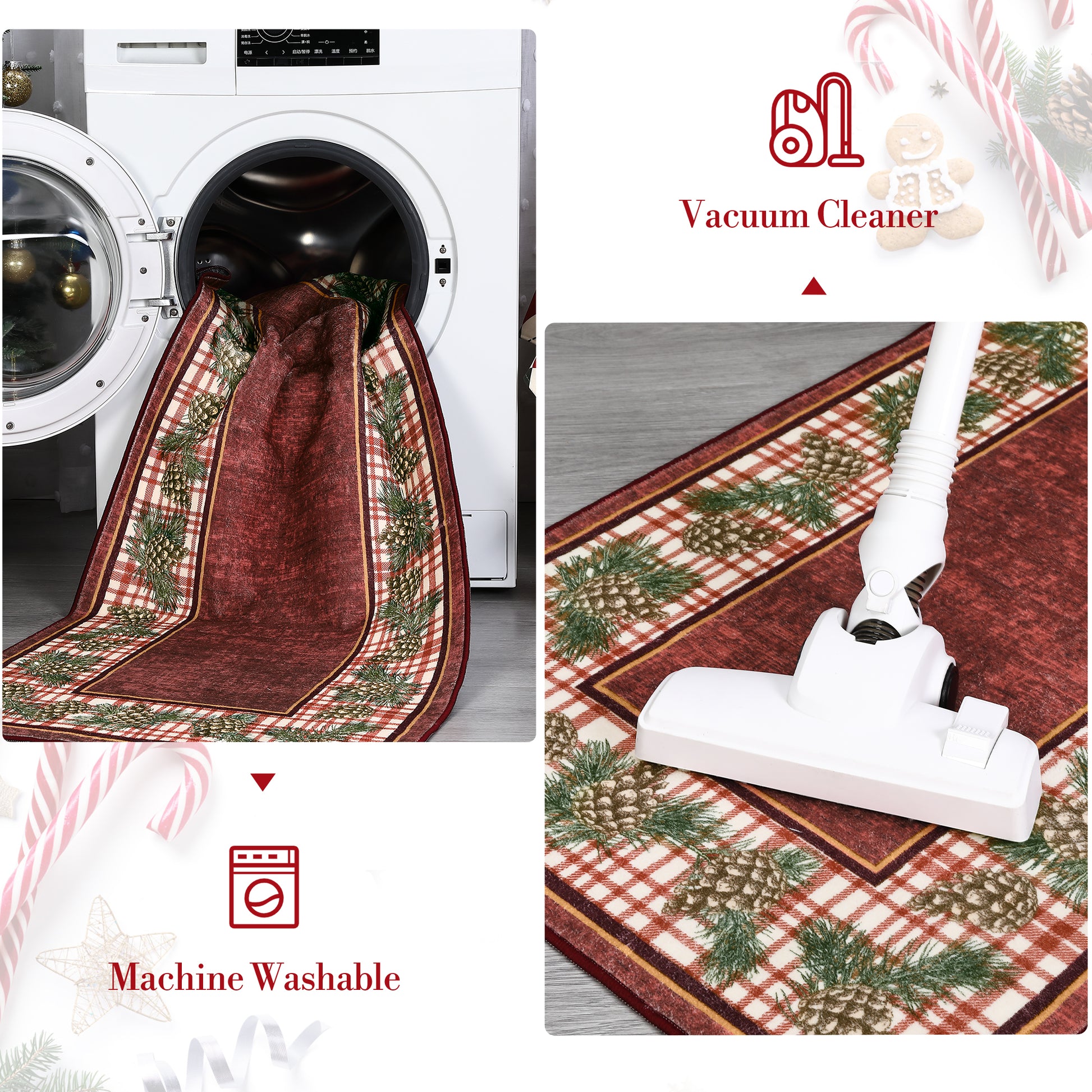 Garvee Washable Area Rug 6x9 for Living Room Christmas Rug Red Plaid Rug with Pinecone, Non Slip Soft Accent Rug for Bedroom Low Pile Stain Resistant Carpet for Nursery Office Border|Red 6'x9'