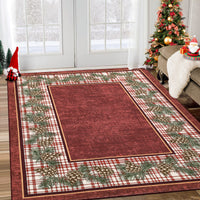Garvee Washable Area Rug 4x6 Christmas Rug Pinecone Xmas Decor Non Slip Entryway Rug Plaid Living Room Rug Soft Accent Rug for Bedroom Stain Resistant Carpet for Nursery Office Border|Red 4'x6'