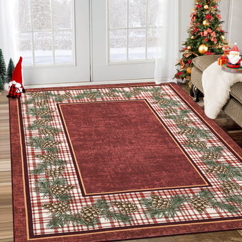Garvee Christmas Rug 8x10 Area Rug for Bedroom Washable Red Plaid Rug Non Slip Living Room Rug Xmas Decor with Pinecorn, Soft Large Low Pile Stain Resistant Carpet for Nursery Border|Red 8'x10'