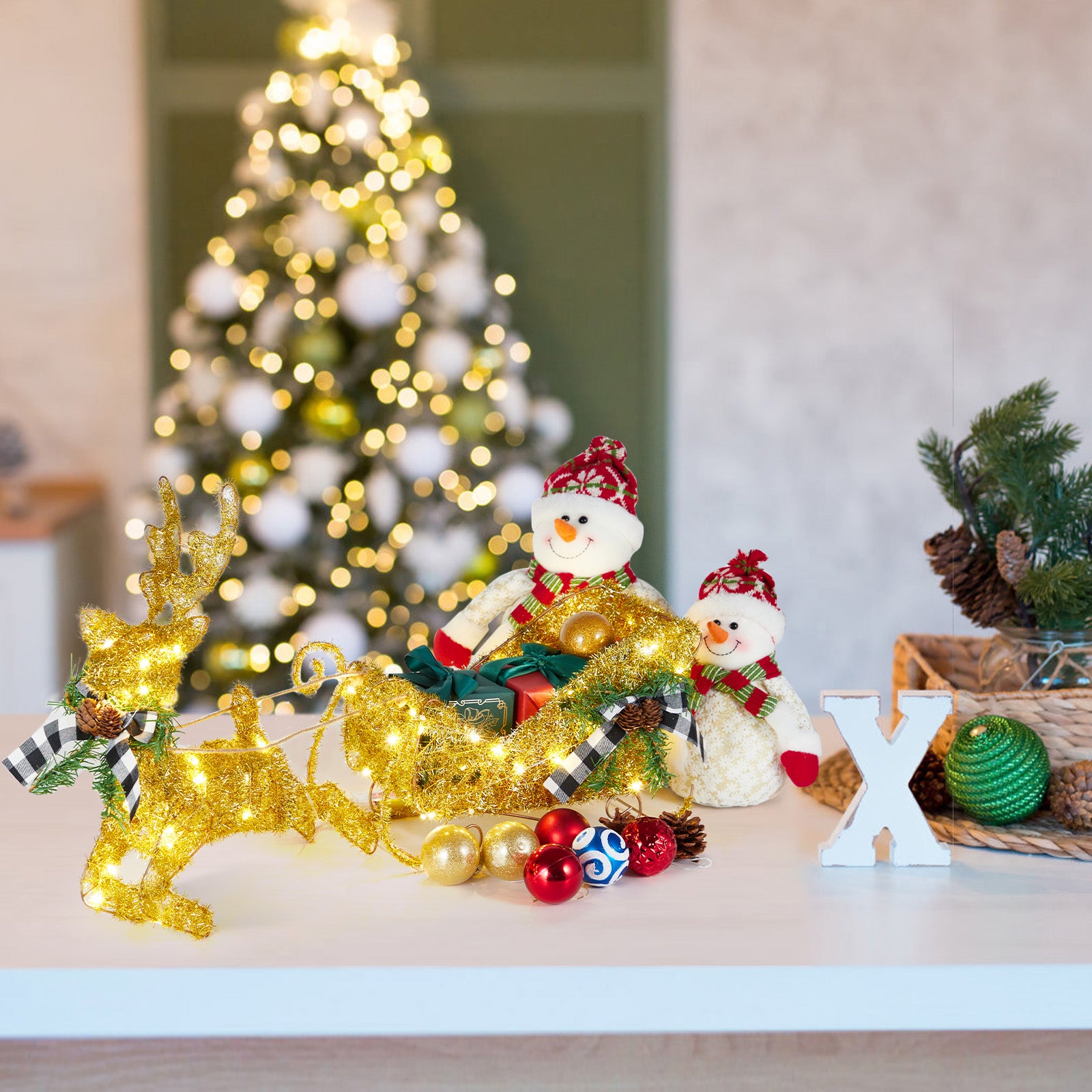 Garvee Gold Reindeer and Sleigh Set for Christmas decorations, Metal Frame Christmas Elk Ornaments, Iron Xmas Centerpiece for Indoor Home Decor, Holiday Display