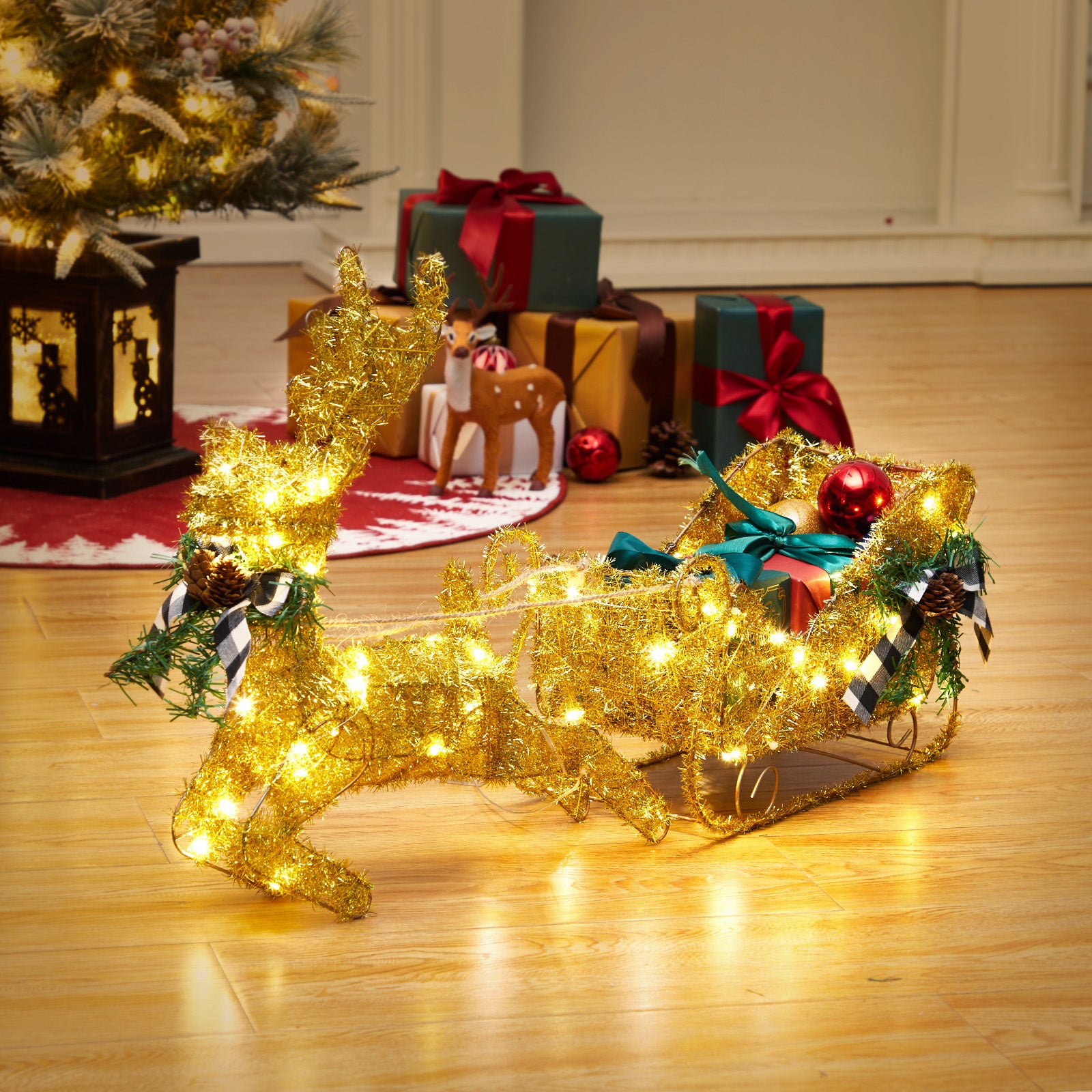 Garvee Gold Reindeer and Sleigh Set for Christmas decorations, Metal Frame Christmas Elk Ornaments, Iron Xmas Centerpiece for Indoor Home Decor, Holiday Display