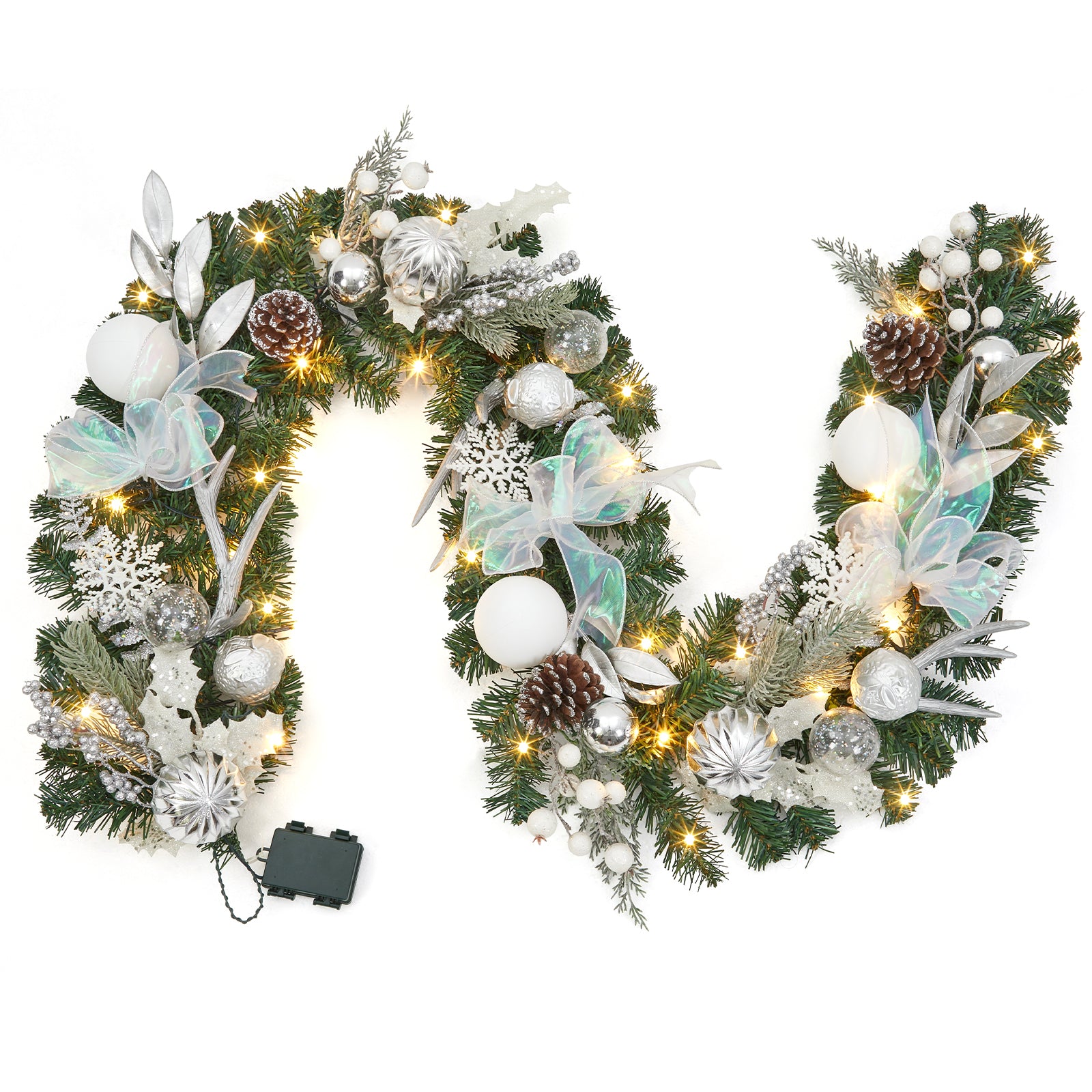 Garvee 6 Ft Prelit Christmas Garland with 20 LED Lights, Battery Operated, PE PVC Material, Snowflake Pine Cone Decor, Indoor Outdoor Staircase Fireplace