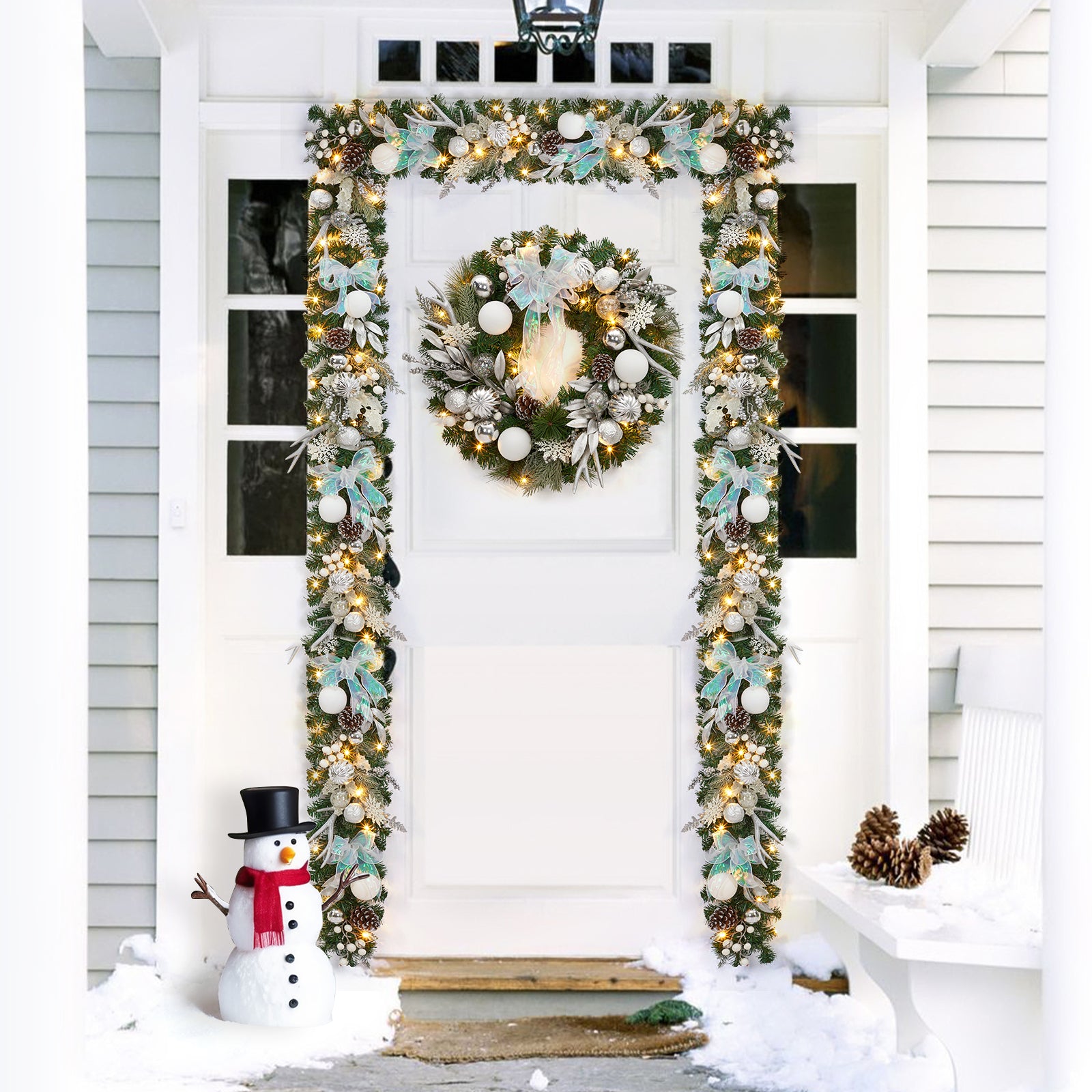 Garvee 6 Ft Prelit Christmas Garland with 20 LED Lights, Battery Operated, PE PVC Material, Snowflake Pine Cone Decor, Indoor Outdoor Staircase Fireplace
