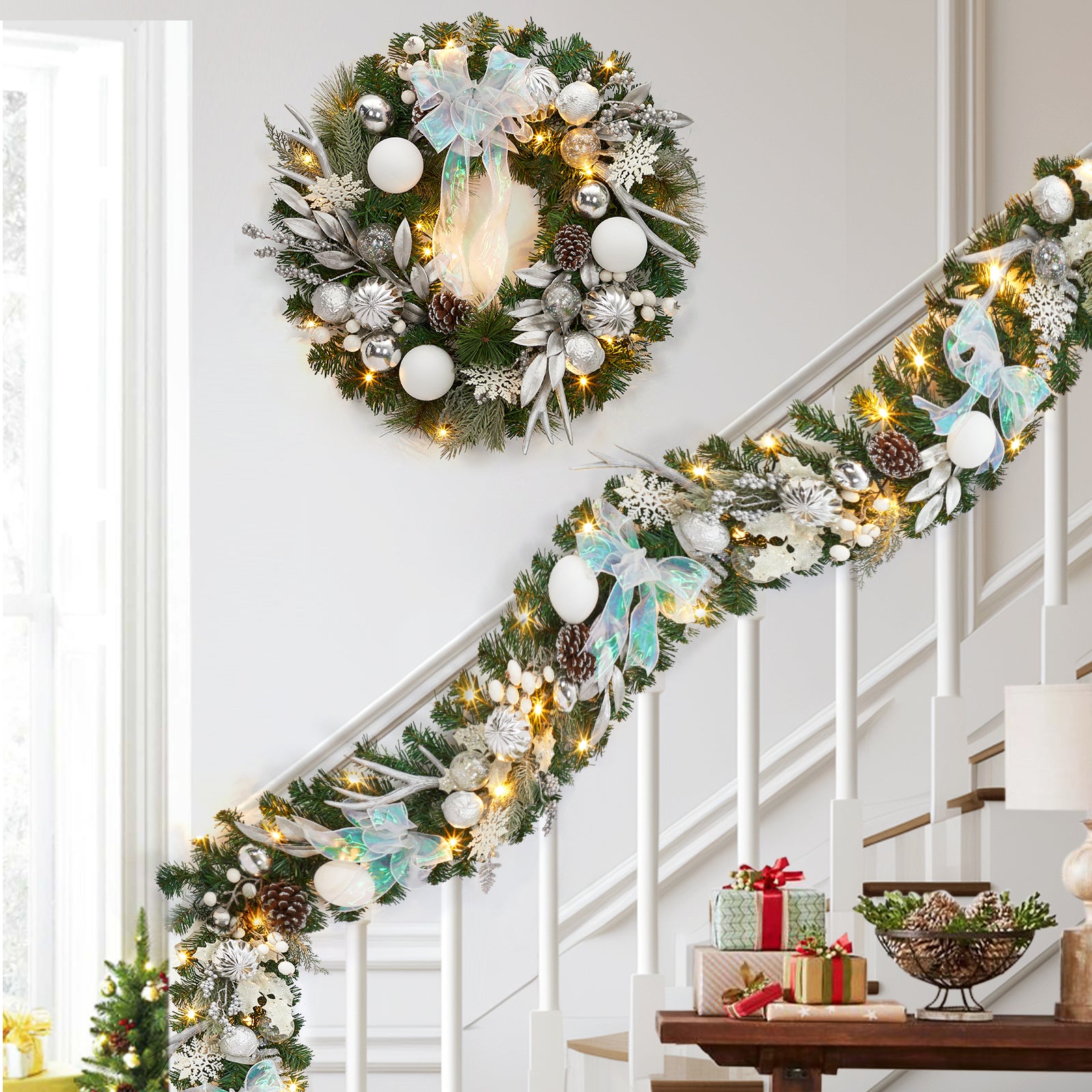 Garvee 6 Ft Prelit Christmas Garland with 20 LED Lights, Battery Operated, PE PVC Material, Snowflake Pine Cone Decor, Indoor Outdoor Staircase Fireplace