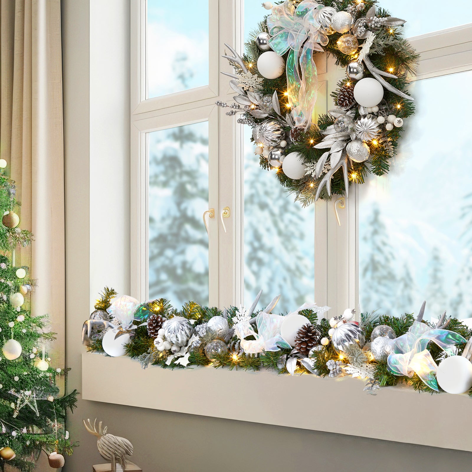 Garvee 6 Ft Prelit Christmas Garland with 20 LED Lights, Battery Operated, PE PVC Material, Snowflake Pine Cone Decor, Indoor Outdoor Staircase Fireplace