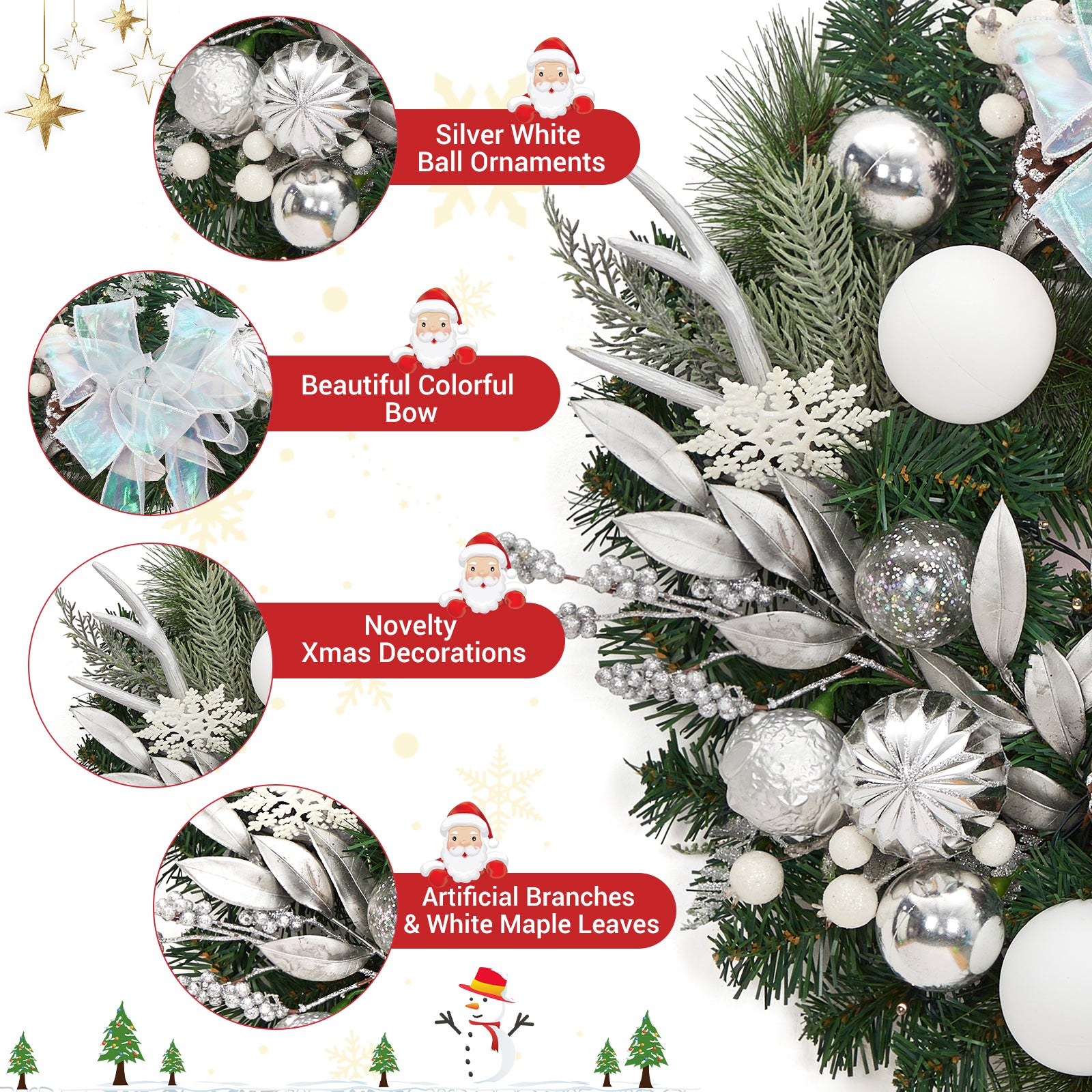 Garvee 6 Ft Prelit Christmas Garland with 20 LED Lights, Battery Operated, PE PVC Material, Snowflake Pine Cone Decor, Indoor Outdoor Staircase Fireplace