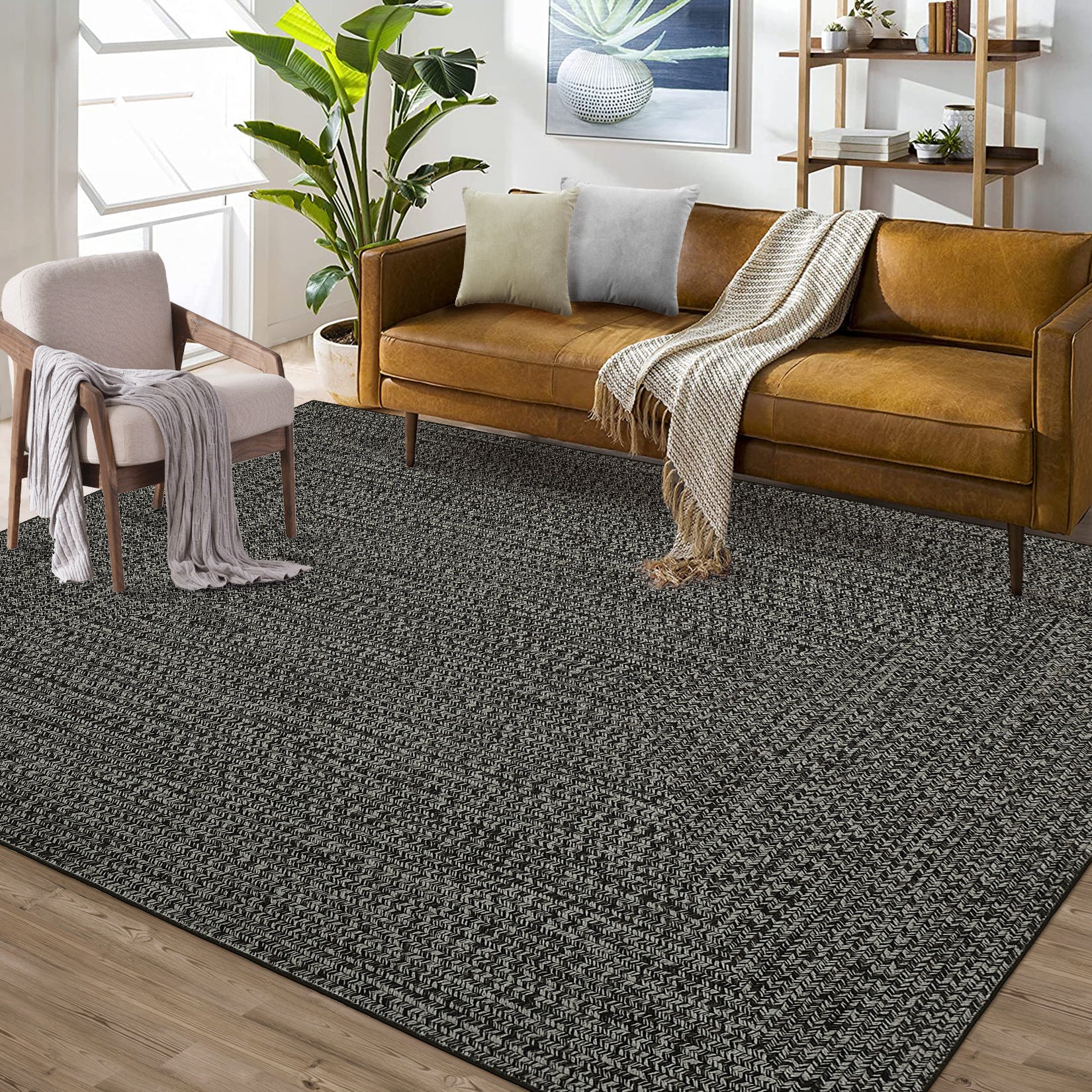 Garvee 8x10 Area Rug Print Braided Area Rug Machine Washable Rug for Living Room Farmhouse Solid Printed Weaving Carpet Non-Slip Stain Resistant Accent Rug Floor Cover for Home Decor, Gray Brown