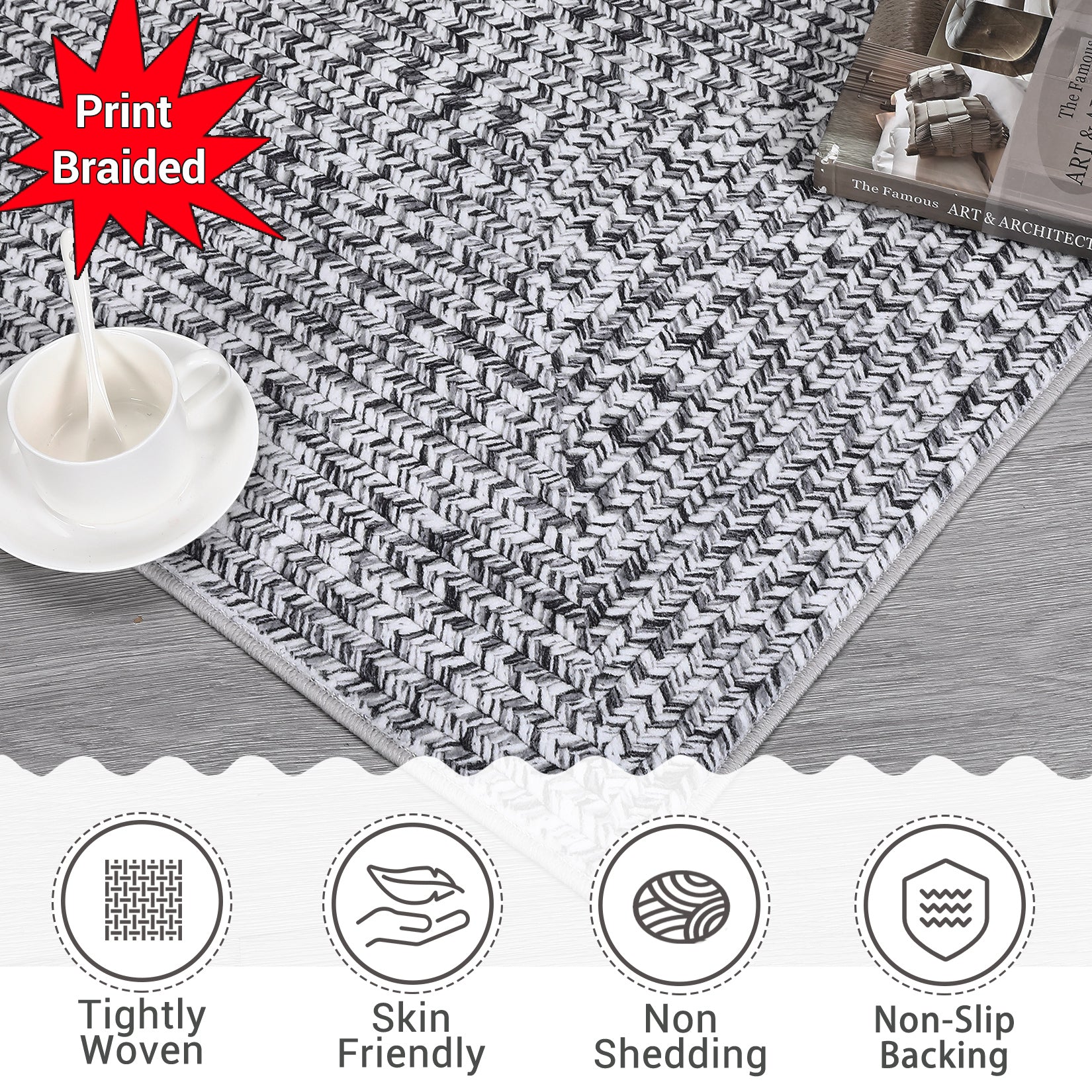 Garvee 9x12 Area Rug Print Braided Large Area Rug Machine Washable Rug for Living Room, Non-Slip Stain Resistant Accent Rug Farmhouse Solid Printed Weaving Floor Cover Carpet for Bedroom, Grey