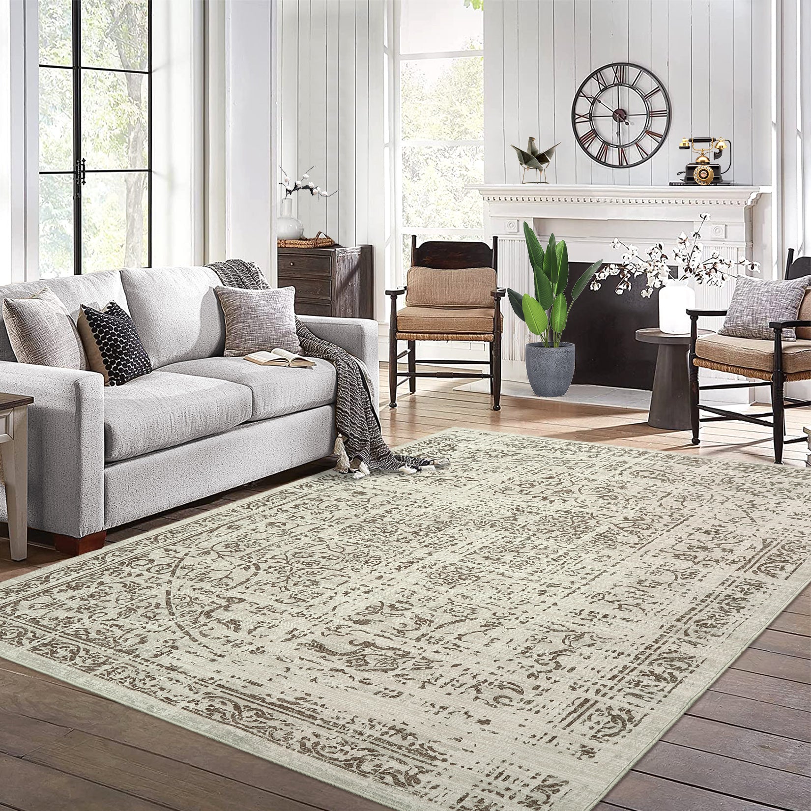 Garvee 5x7 Washable Area Rug Vintage Rug Traditional Floor Cover Foldable Thin Rug Kitchen Accent Rug Indoor Distressed Non Slip Carpet Floral Print Mat Bedroom Living Room Bathroom Brown