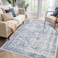 Garvee Vintage Area Rug, 4x6 Stain Resistant Carpet Non Shedding Non-Slip Soft Rug Bedroom Dining Room or Home Office, Low Pile Farmhouse Oriental Indoor Floor Carpet Blue