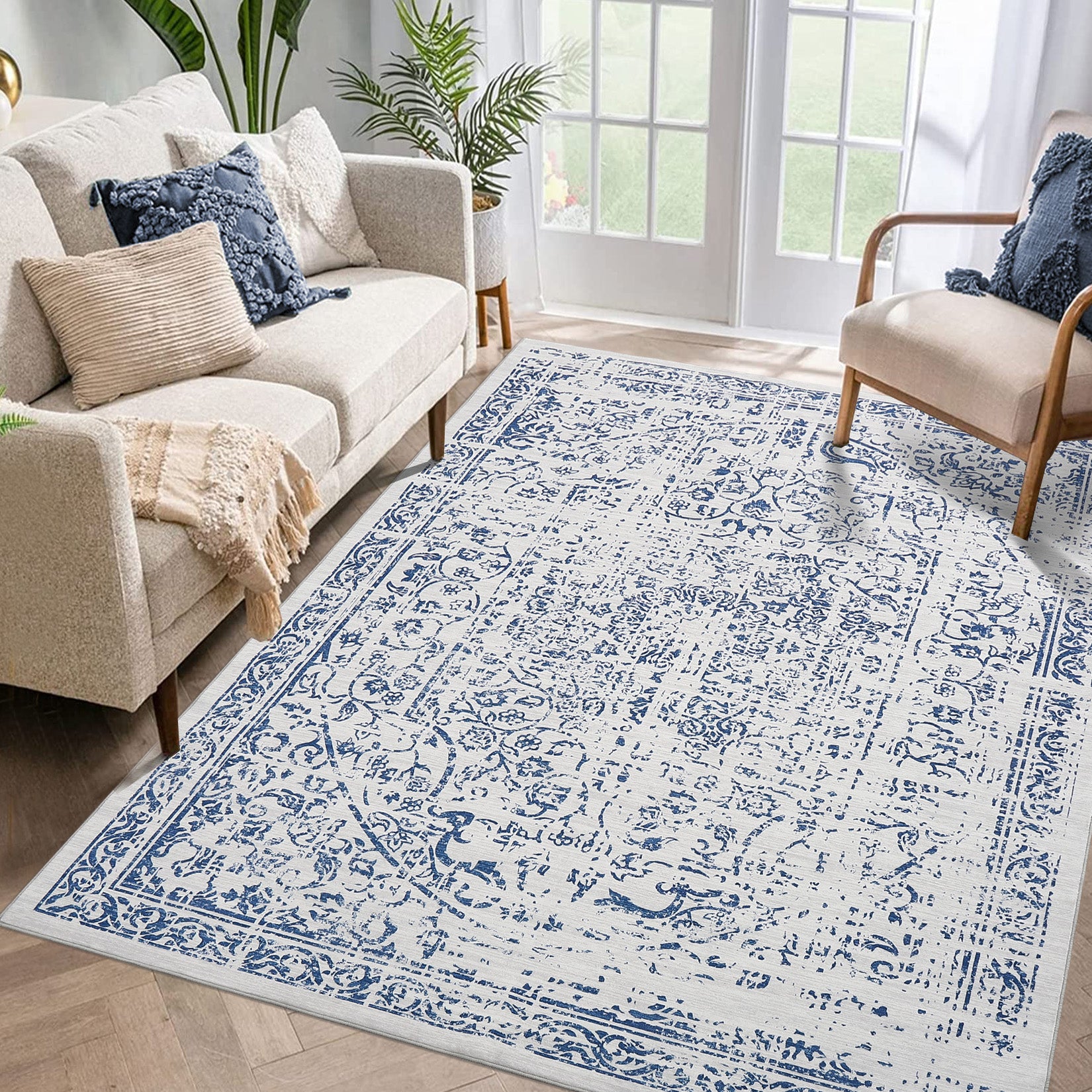 Garvee Area Rug 8x10 Washable Rug Blue Vintage Rug Traditional Floor Cover Thin Rug Retro Kitchen Indoor Distressed Non Slip Carpet Floral Print Mat Living Room Bedroom Dining Room