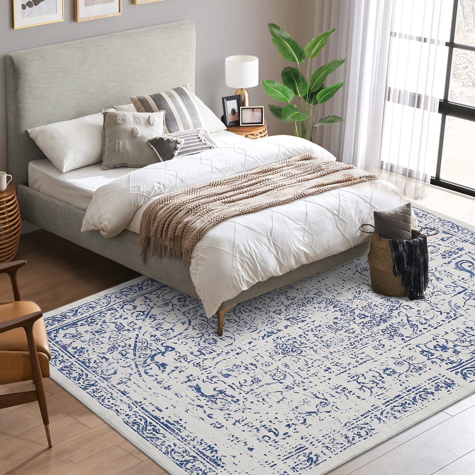 Garvee Vintage Area Rug, 4x6 Stain Resistant Carpet Non Shedding Non-Slip Soft Rug Bedroom Dining Room or Home Office, Low Pile Farmhouse Oriental Indoor Floor Carpet Blue