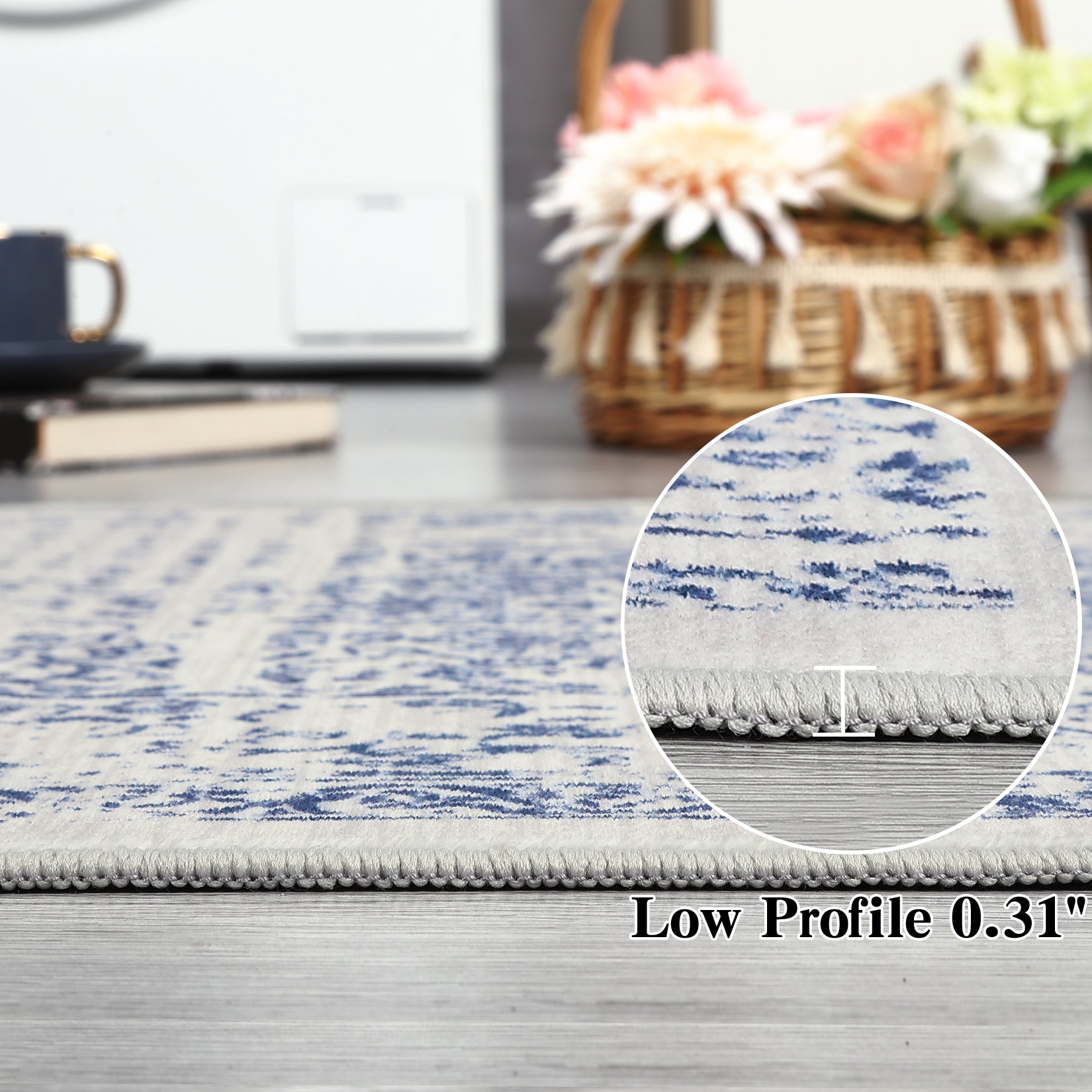 Garvee Machine Washable 9x12 Area Rugs for Living Room Vintage Rugs Non Slip Low Pile Water Resistant Soft Print Pattern Carpet for Bedroom Indoor Decor Polyester Rug Blue