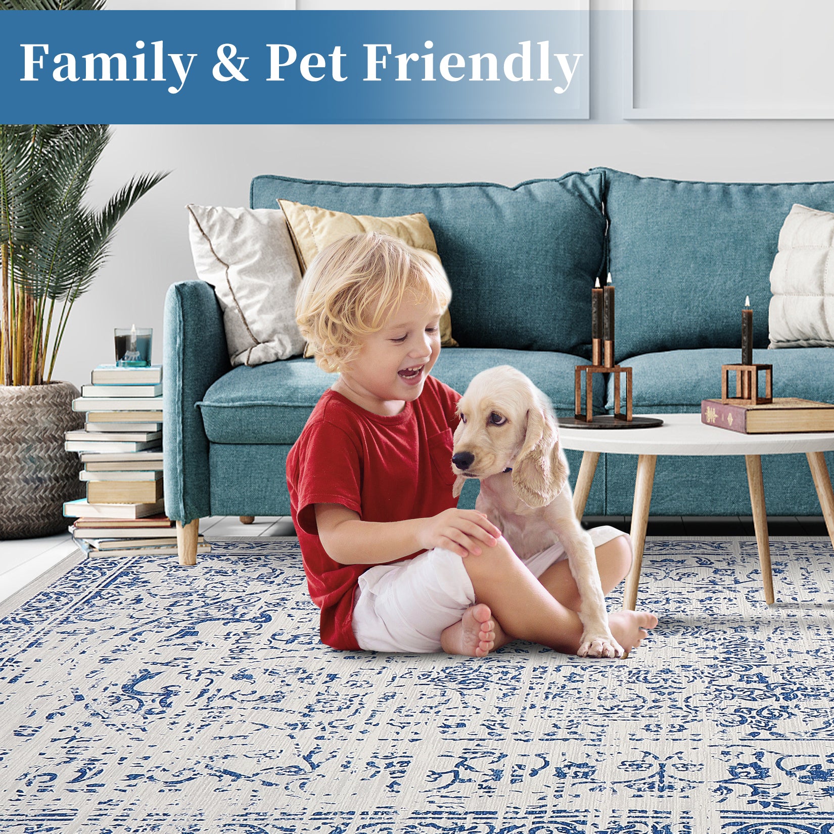 Garvee Vintage Area Rug, 4x6 Stain Resistant Carpet Non Shedding Non-Slip Soft Rug Bedroom Dining Room or Home Office, Low Pile Farmhouse Oriental Indoor Floor Carpet Blue