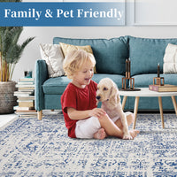 Garvee Vintage Area Rug, 4x6 Stain Resistant Carpet Non Shedding Non-Slip Soft Rug Bedroom Dining Room or Home Office, Low Pile Farmhouse Oriental Indoor Floor Carpet Blue