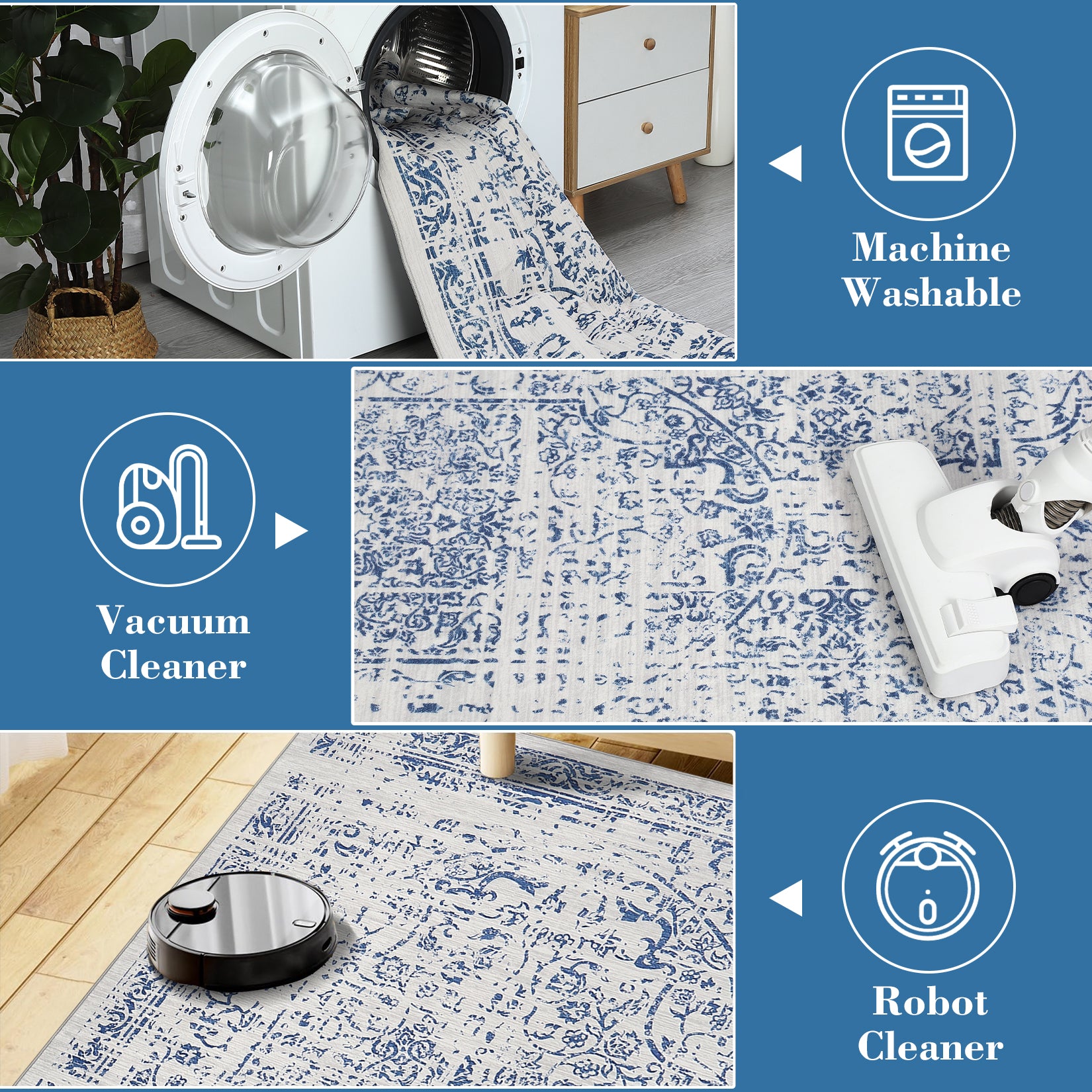 Garvee 10x13 Rug, Large Blue Area Rug - Foldable Rugs for Living Room 10x13 - Stain Resistant Vintage Area Rugs 10x13 - Living Room Area Rugs 10x13 - Eco-Friendly Washable Rug