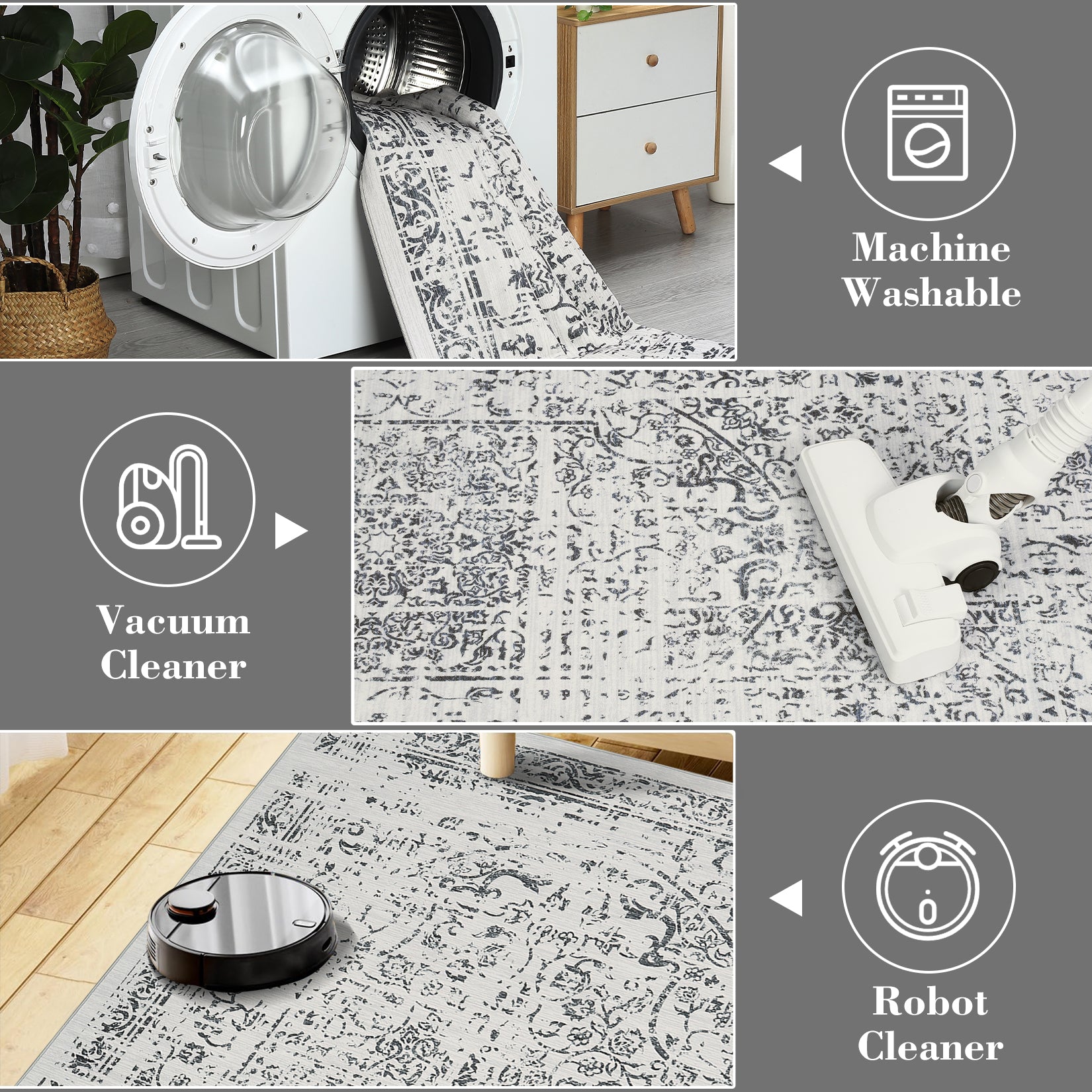 Garvee Machine Washable 9x12 Area Rugs for Living Room Vintage Rugs Non Slip Low Pile Water Resistant Soft Print Pattern Carpet for Bedroom Indoor Decor Polyester Rug Grey