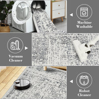 Garvee Machine Washable 9x12 Area Rugs for Living Room Vintage Rugs Non Slip Low Pile Water Resistant Soft Print Pattern Carpet for Bedroom Indoor Decor Polyester Rug Grey