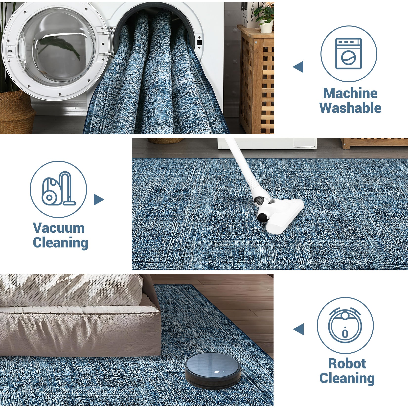 Garvee Area Rug 9x12 Washable, Soft Low Pile Vintage Patchwork Large Area Rug Non-Slip Indoor Floor Carpet for Living Room Bedroom Dining Room, Navy Blue