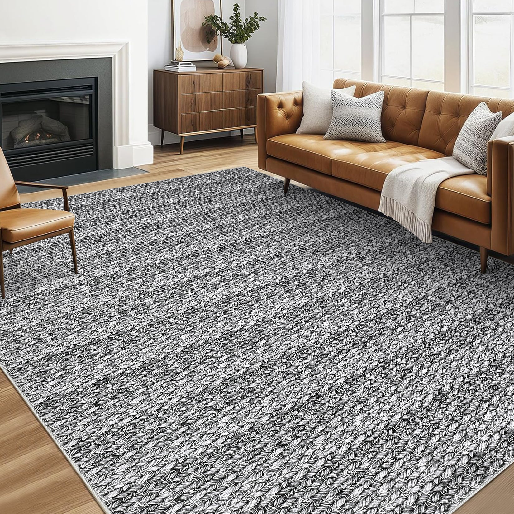 Garvee Modern Grey 5x7 Area Rugs Woven Pattern Accent Rugs with Non-Slip Backing, Washable Soft Low Pile Floor Carpet, Non-Shedding Contemporary Throw Rugs for Kitchen, Bedroom